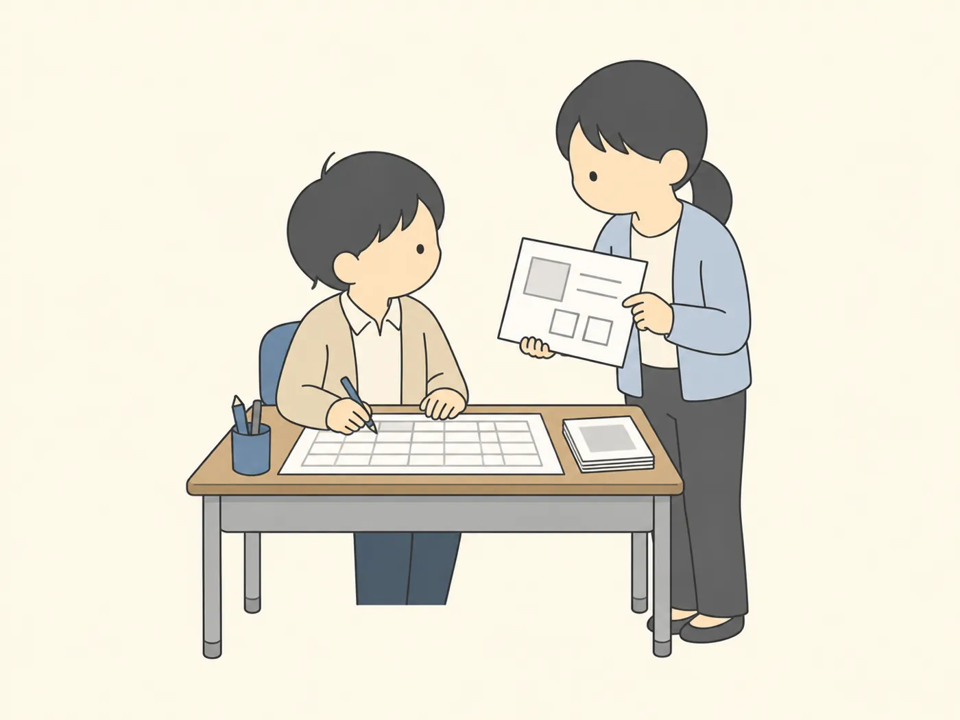 職員室の机で、先生が横長の表に書き込み、となりの先生が教材の印刷物を見せている