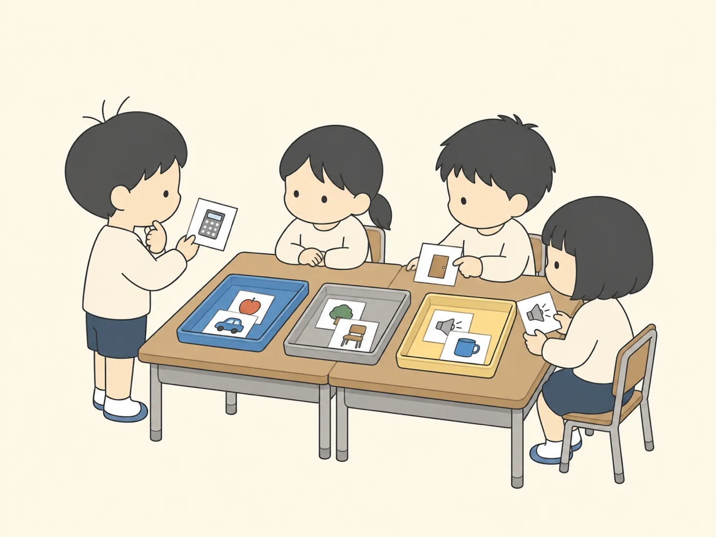 班の机の上の3つのトレイに、絵のカードを分ける子どもたち