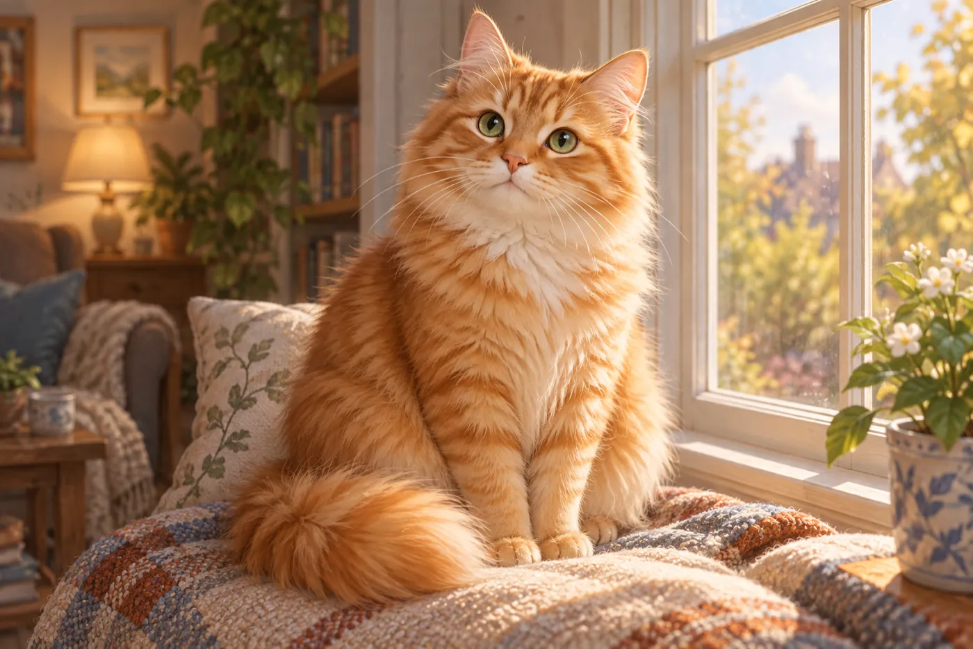 窓辺のクッションにすわる、ふわふわの茶トラのねこを細かく描いたデジタルの絵