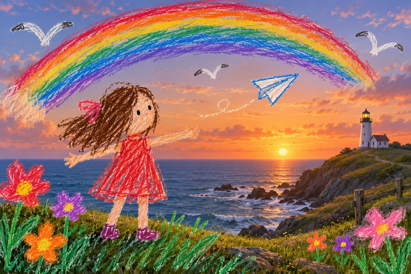 海辺の灯台と夕焼けのデジタルの絵に、クレヨンで虹・女の子・紙ひこうき・花を手がきでかき足した表紙の絵