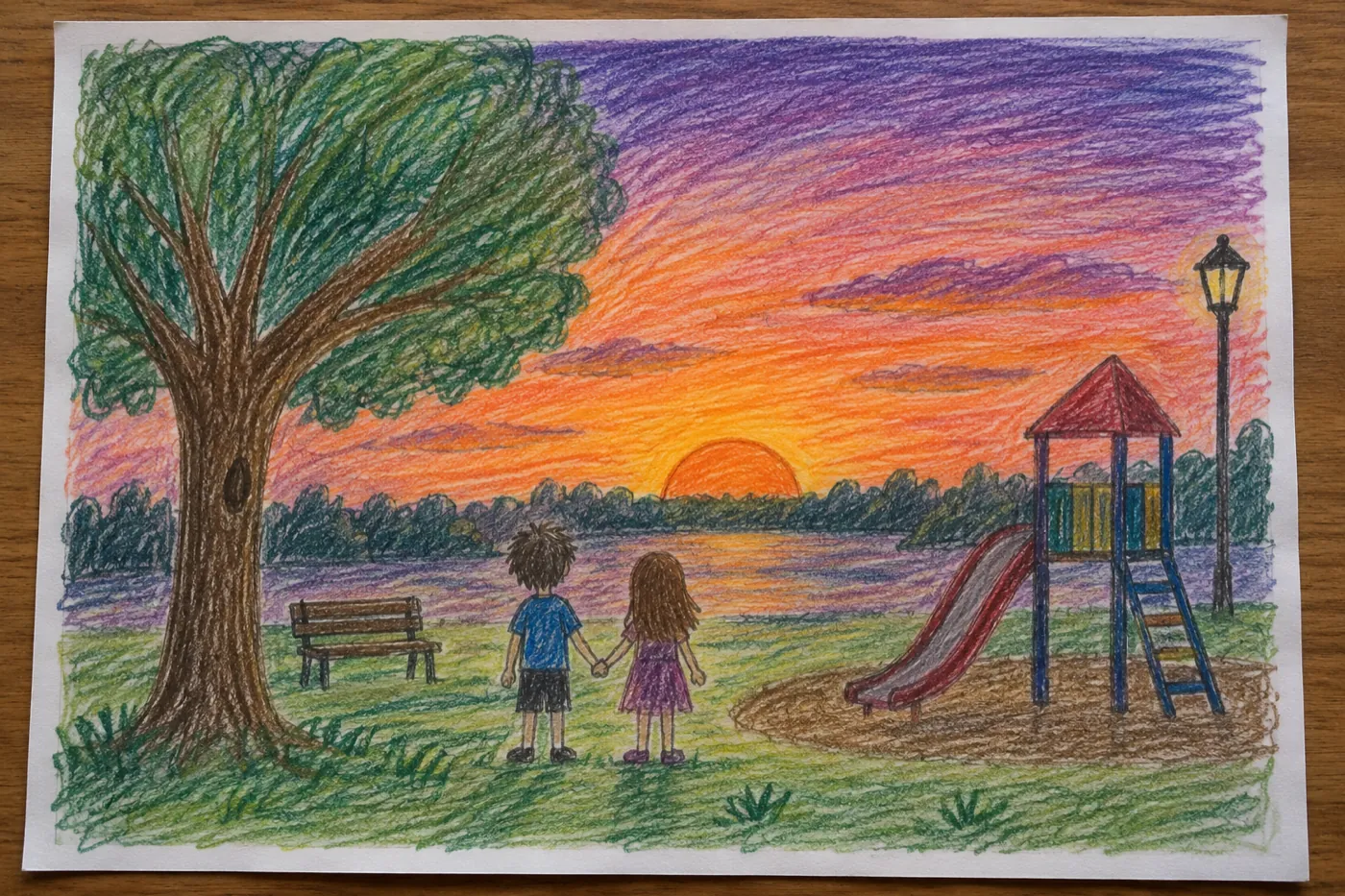 夕焼けの公園の大きな木とすべり台と、手をつないだ2人を色えんぴつでぬった手がきの絵