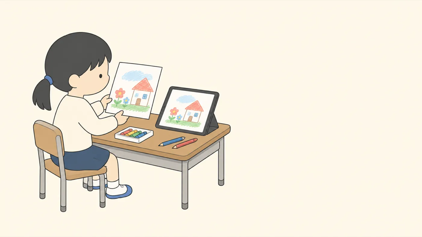 自分でかいた家と花の絵と、タブレットの絵を見くらべる子ども