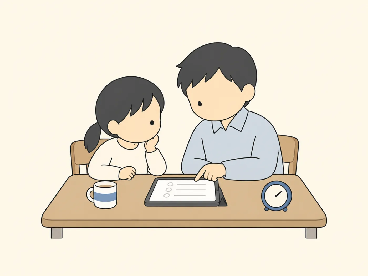 家の食卓で、おうちの人といっしょにタブレットの使い方を話し合う子ども