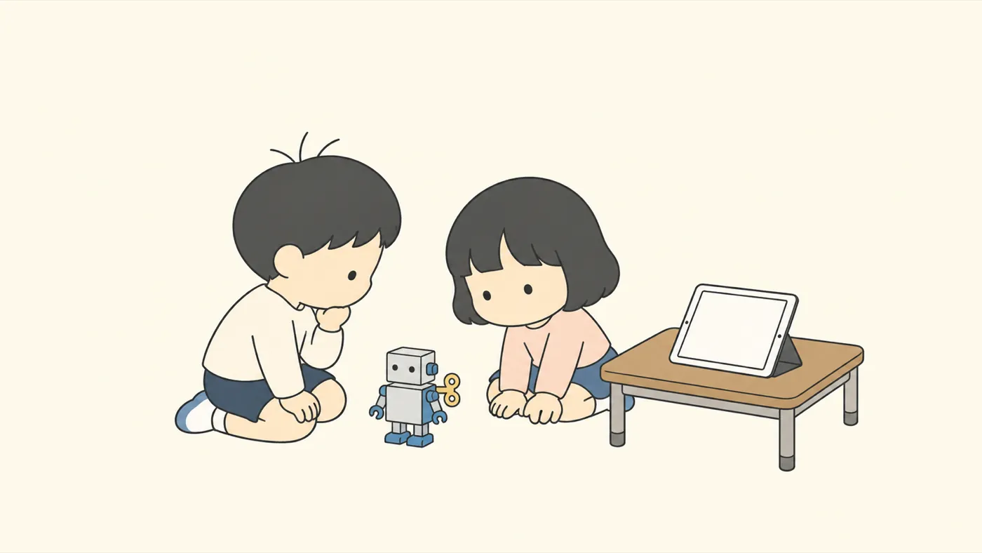 ゼンマイのおもちゃのロボットとタブレットを見くらべて、首をかしげる2人の子ども