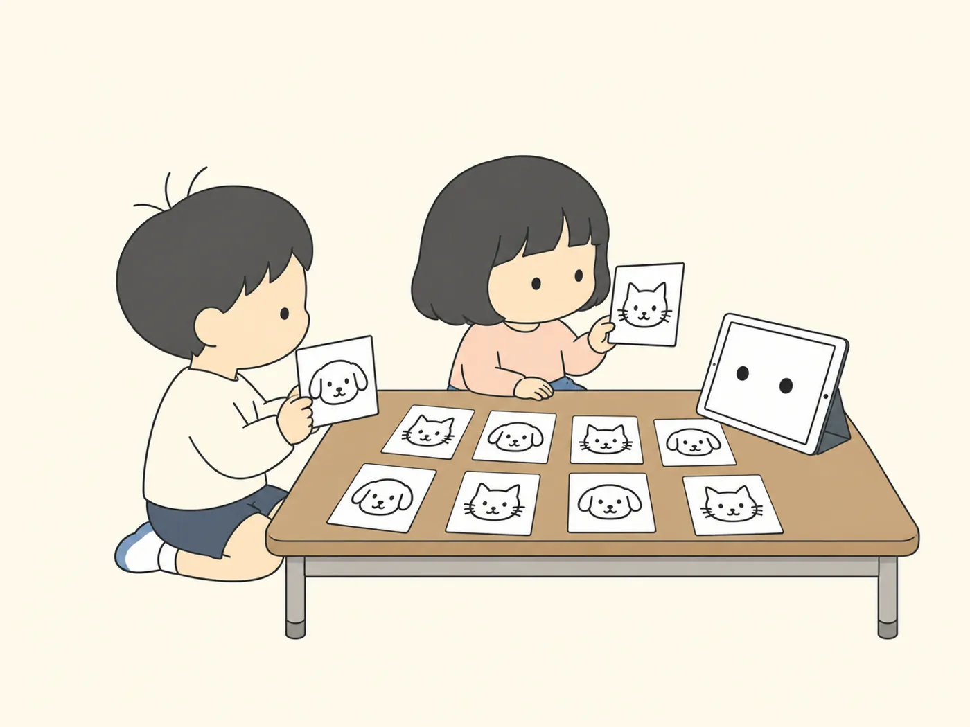 子どもが、ネコとイヌの絵カードをたくさん並べてタブレットに見せている