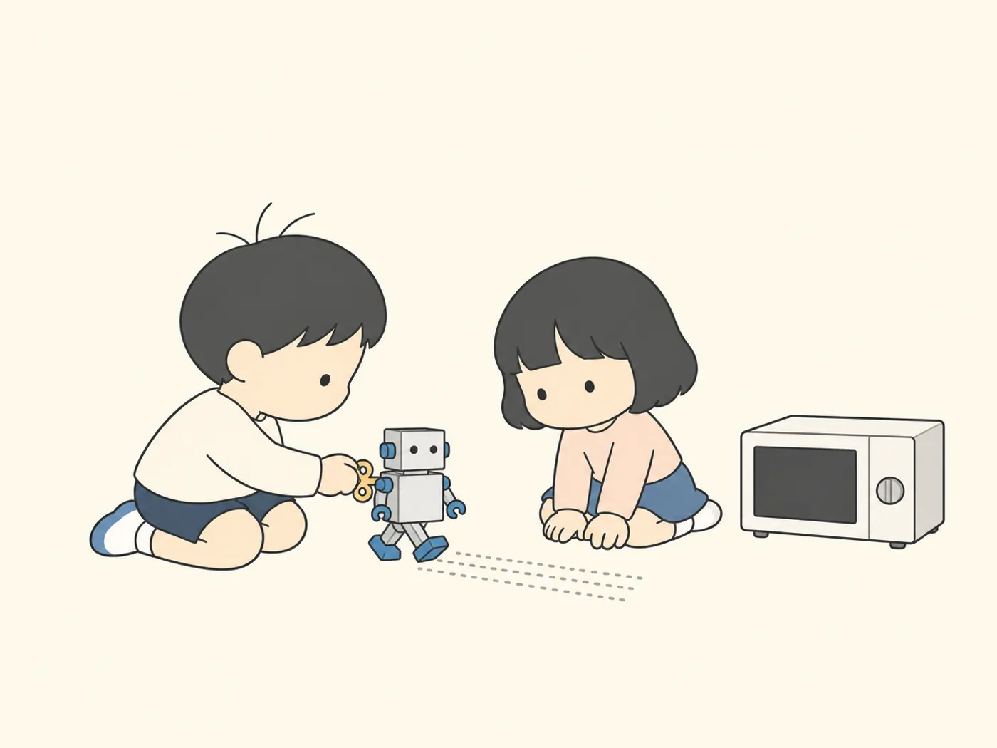 ゼンマイのおもちゃのロボットが、何度やっても同じ道をまっすぐ歩いている