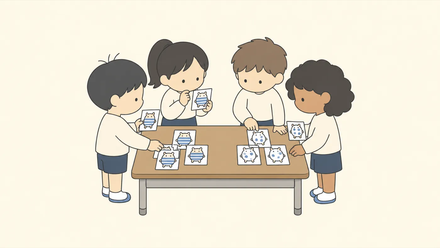 4人の子どもが机を囲み、しま模様と水玉模様の生き物のカードを2つの山に分けている