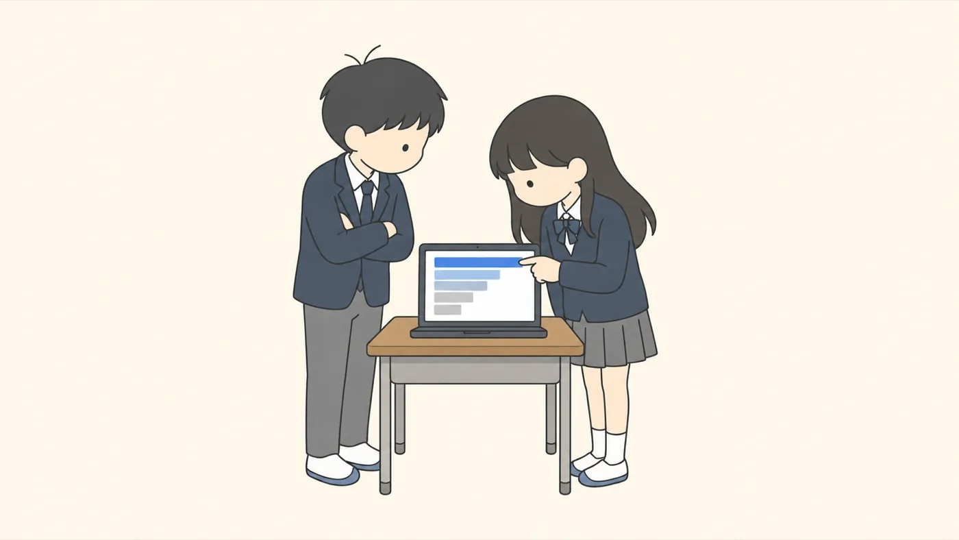 ノートパソコンの順位表を見て、1人が一番上を指さし、もう1人が腕を組んで考える高校生