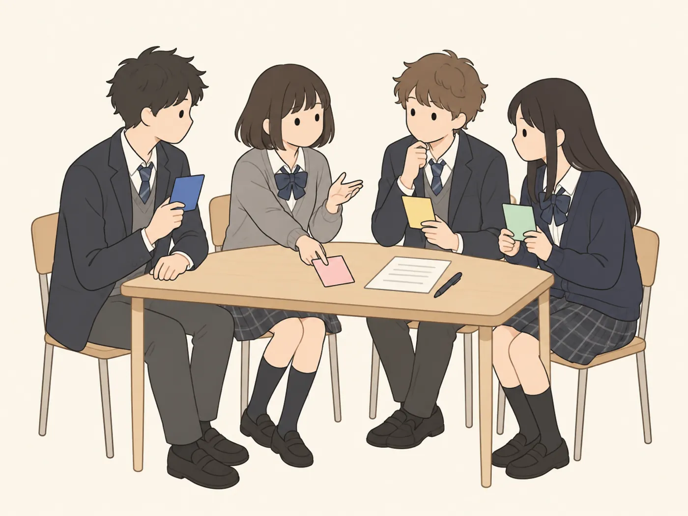 色の違うカードを1枚ずつ持ち、机を囲んで話し合う4人の高校生