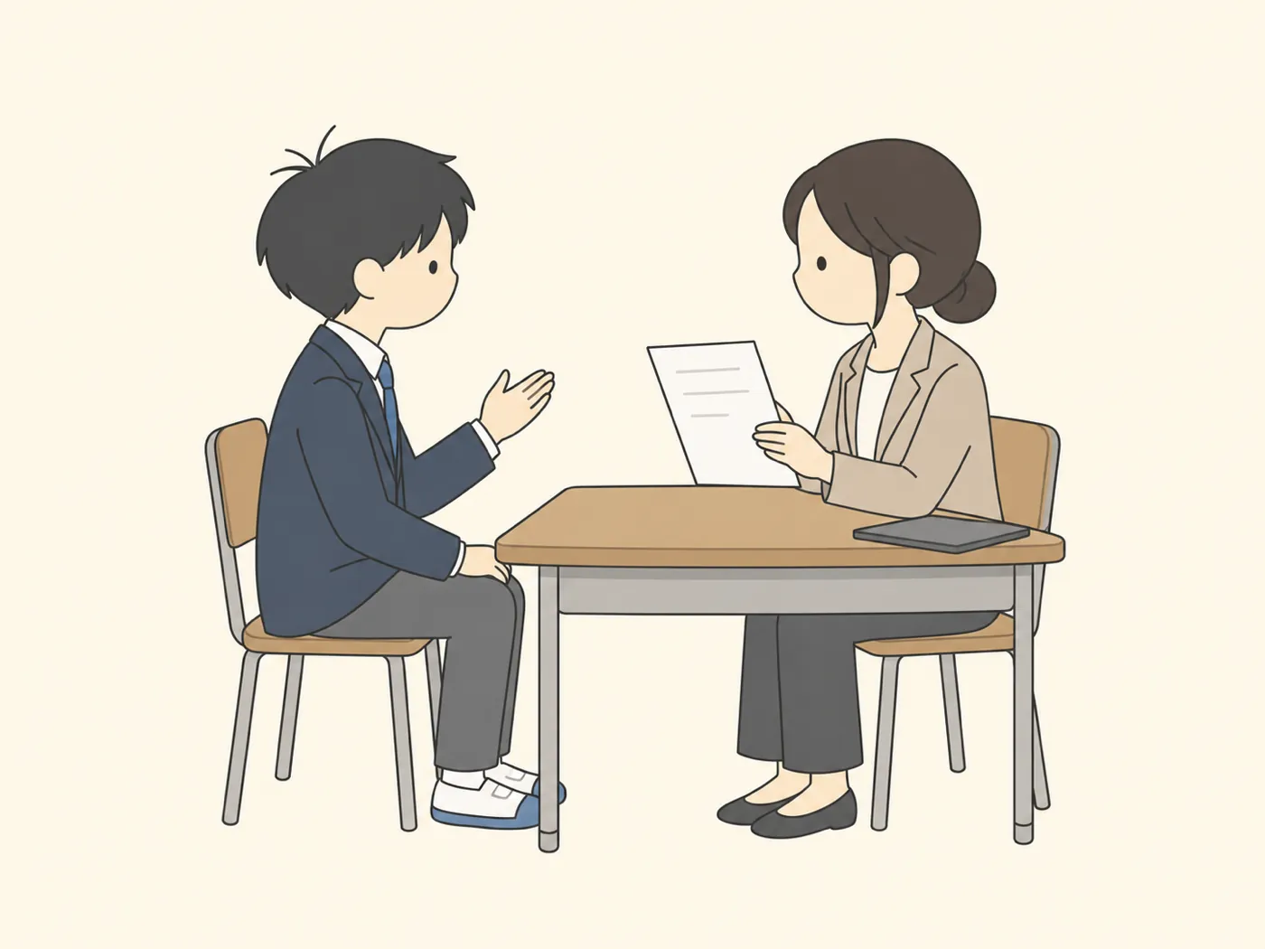 書類を持つ先生に、向かいに座った高校生が手を挙げて質問している
