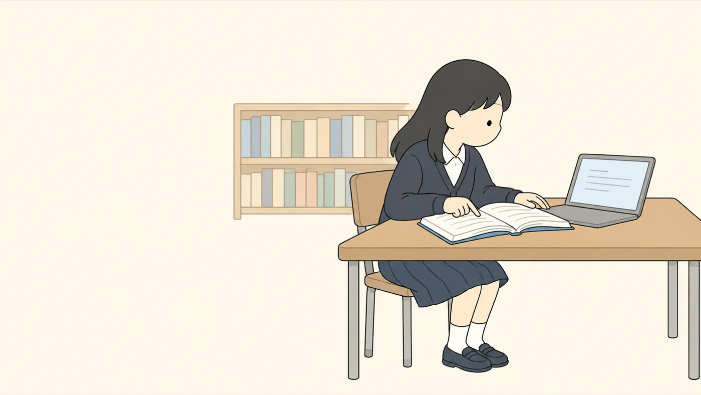 図書館の机で、開いた本とノートパソコンの画面を見比べる高校生