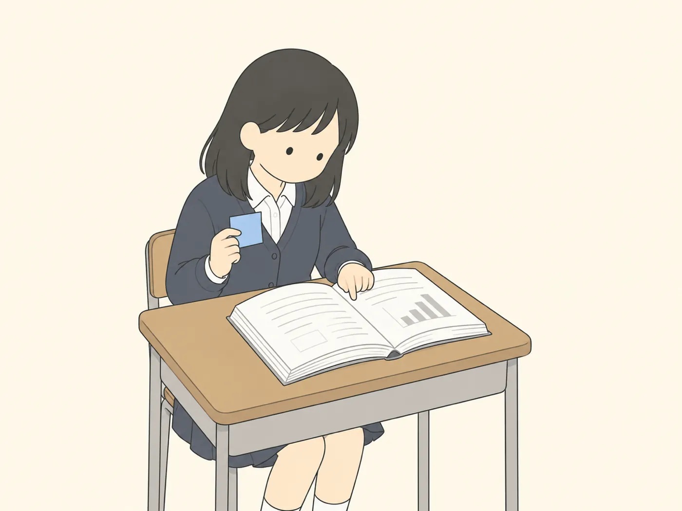付箋を手に、開いた報告書のページを指でたどって確かめる高校生