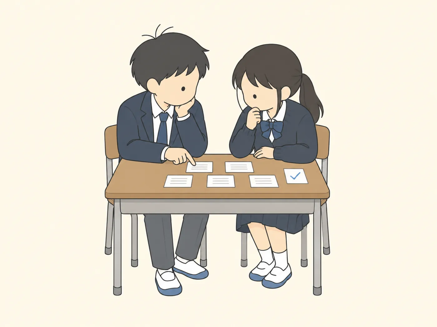 机に並べた小さなカードを指さしながら照らし合わせる2人の高校生