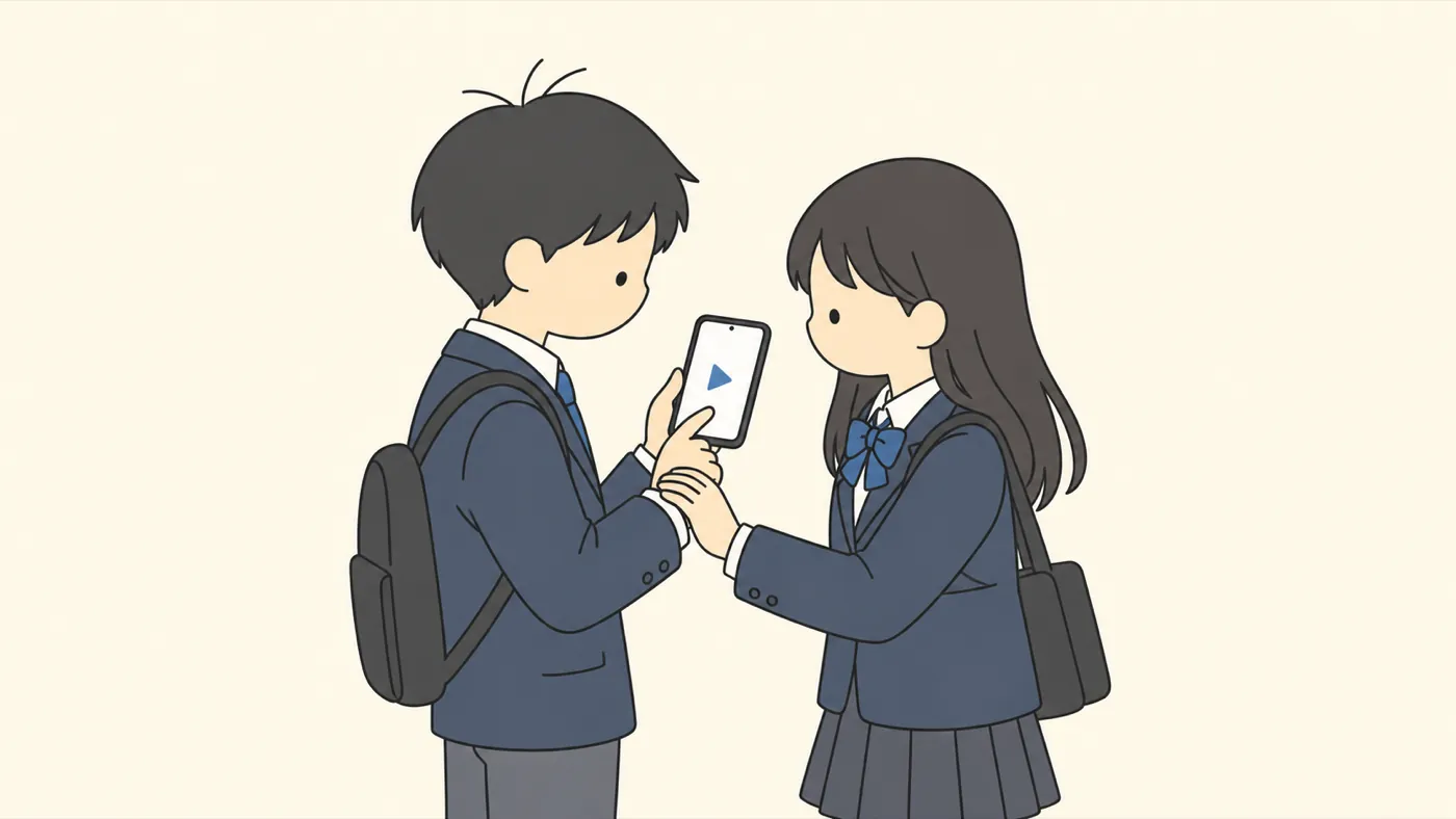 スマートフォンの動画を見る高校生と、共有しようとする手をそっと止めるもう1人の高校生
