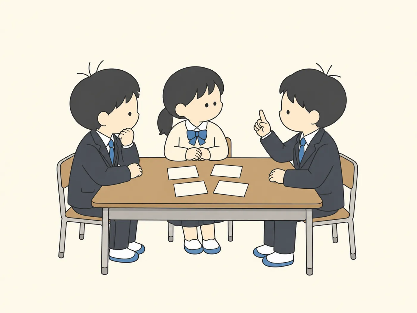 机の上のカードを囲んで話し合い、1人が指を立てて意見を言う3人の高校生
