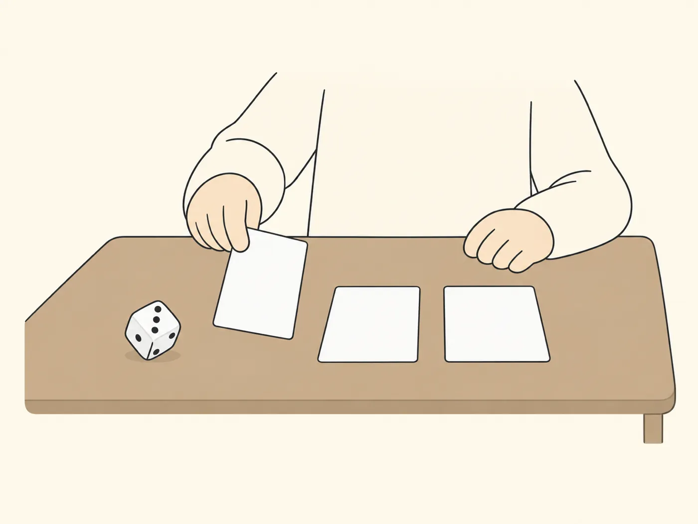 サイコロの横で、並んだカードの1枚を手に取って置こうとしているところ