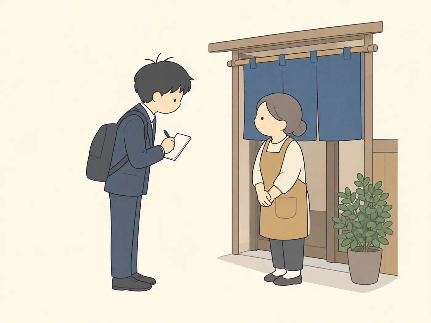 商店街の店先で、メモを取りながら店の人に丁寧に話を聞く高校生