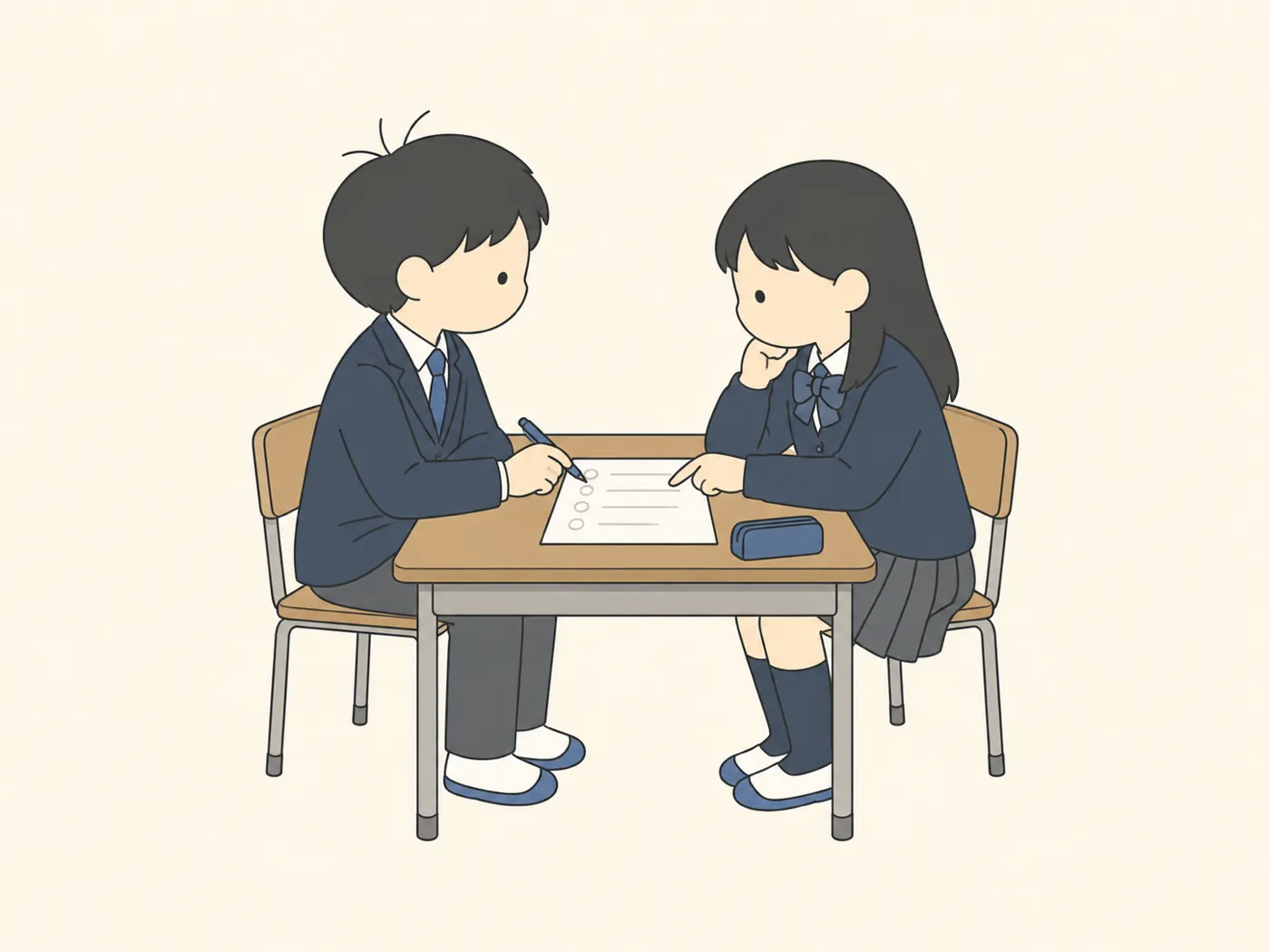 1枚のプリントを指さしながら話し合う2人の高校生