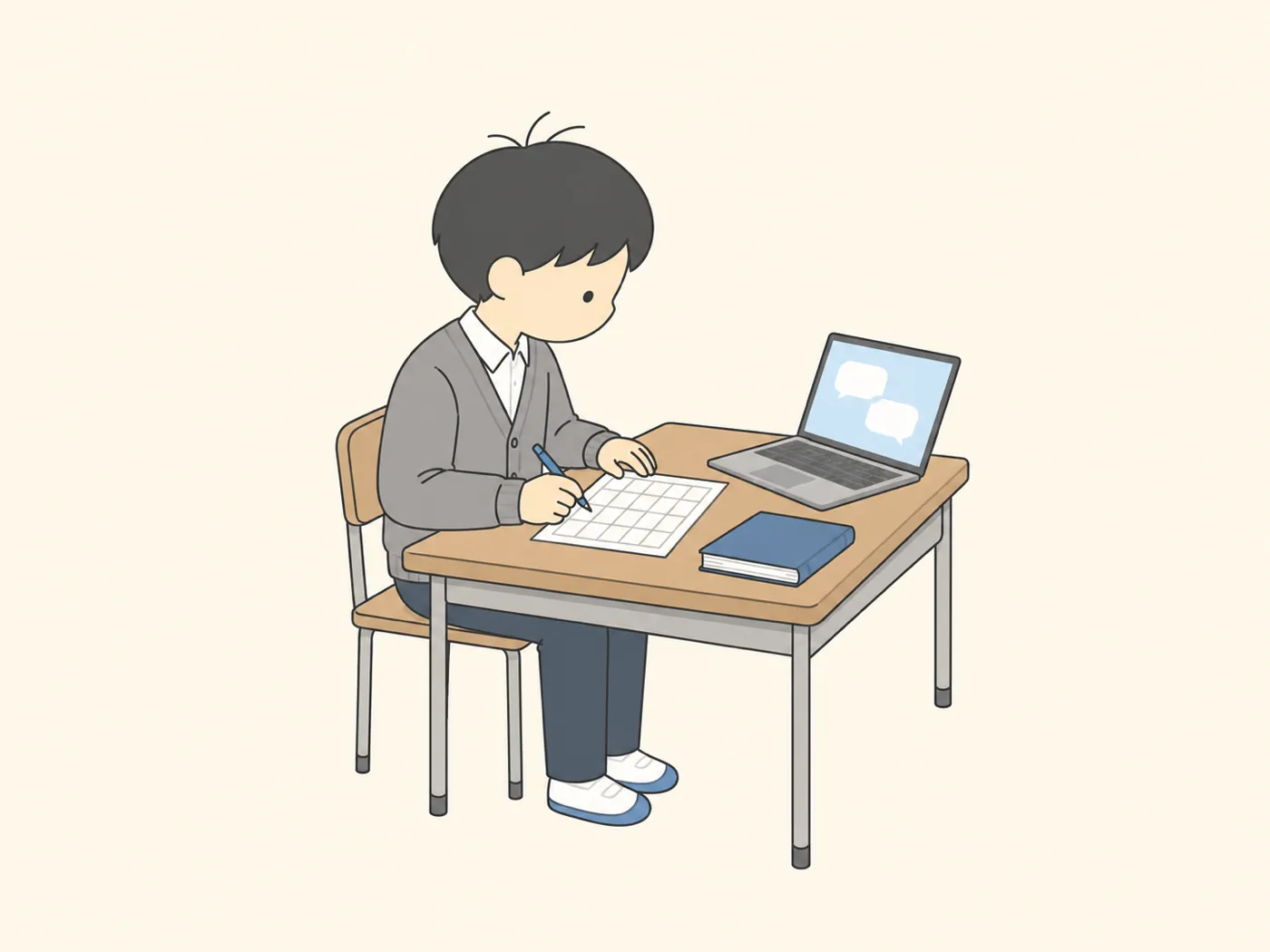 ノートパソコンの横で、表の形の記録カードに書き込む高校生