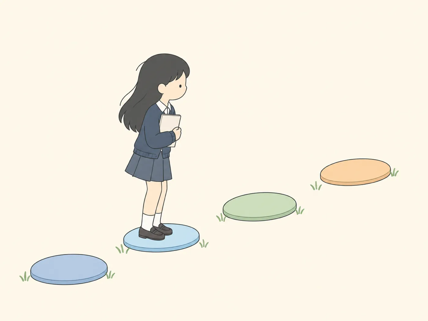 4つの踏み石を一つずつ渡って進む高校生