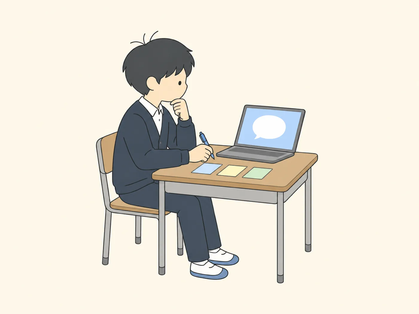 ノートパソコンの前で、3枚のカードを並べて手を止めて考える高校生