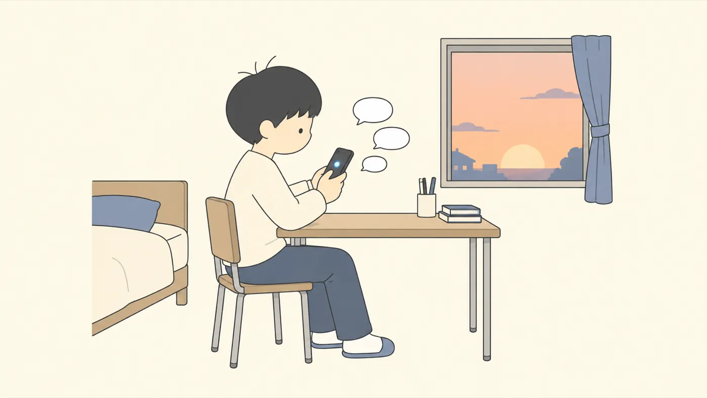 夕方の自分の部屋で、机に向かってスマートフォンでメッセージを打っている高校生