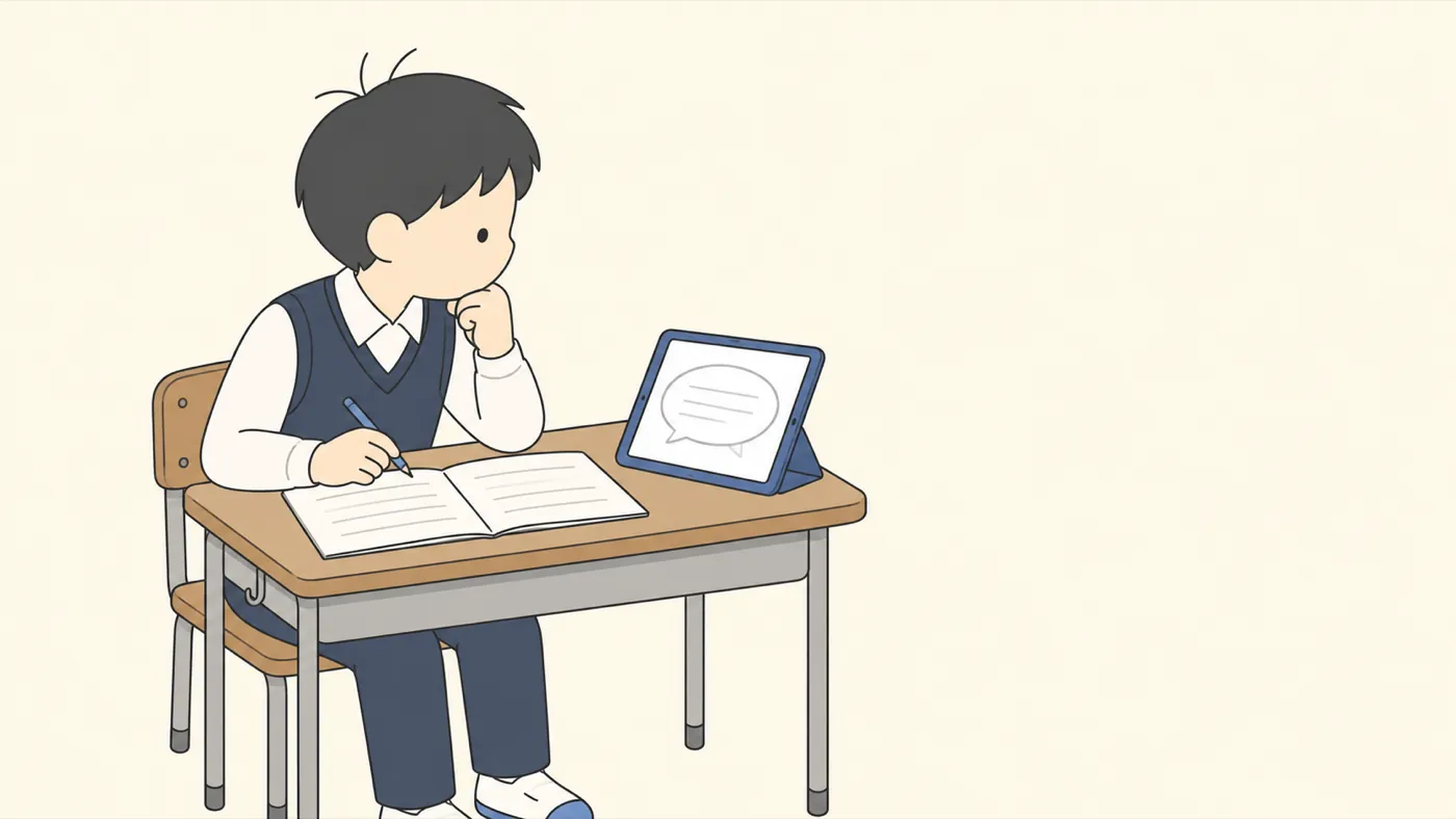鉛筆を持ったまま、宿題のプリントとタブレットを見比べて迷う中学生