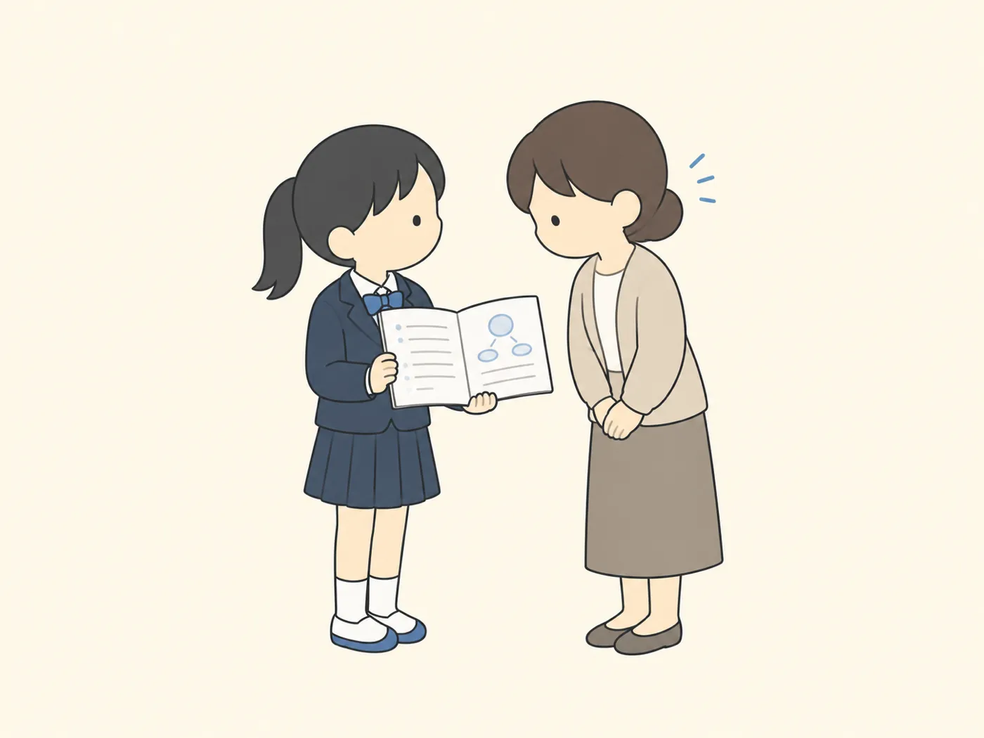 自分のノートを開いて先生に説明する中学生