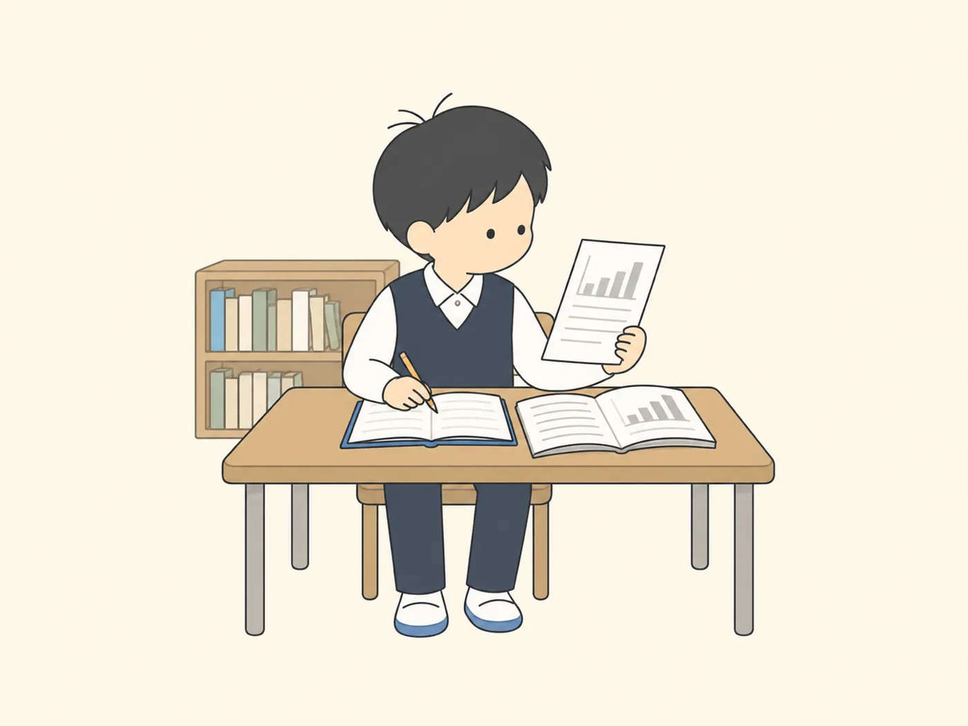 図書室で、本と印刷した資料を見比べてノートに印をつける中学生