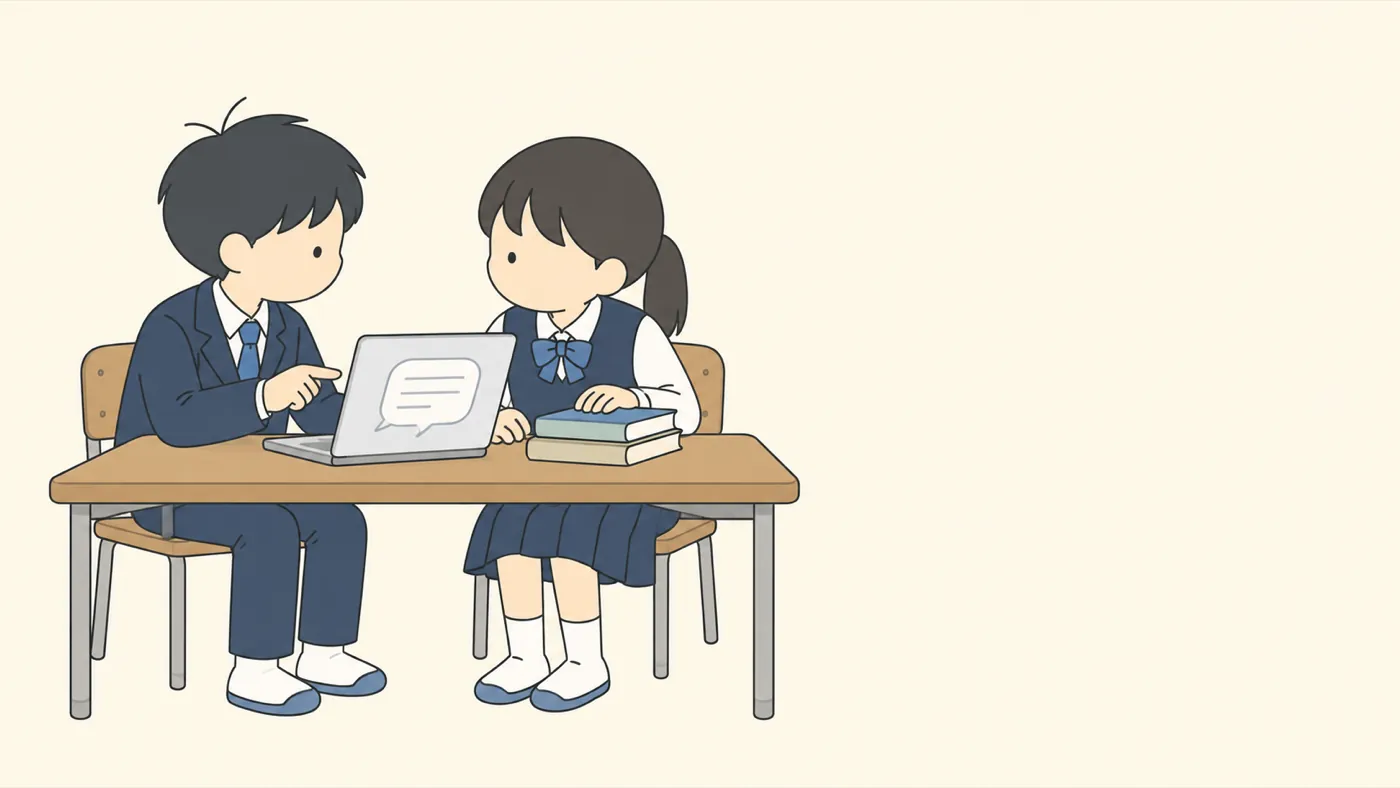 図書室の机で、ノートパソコンと積んだ本のどちらを先に使うか相談する2人の中学生