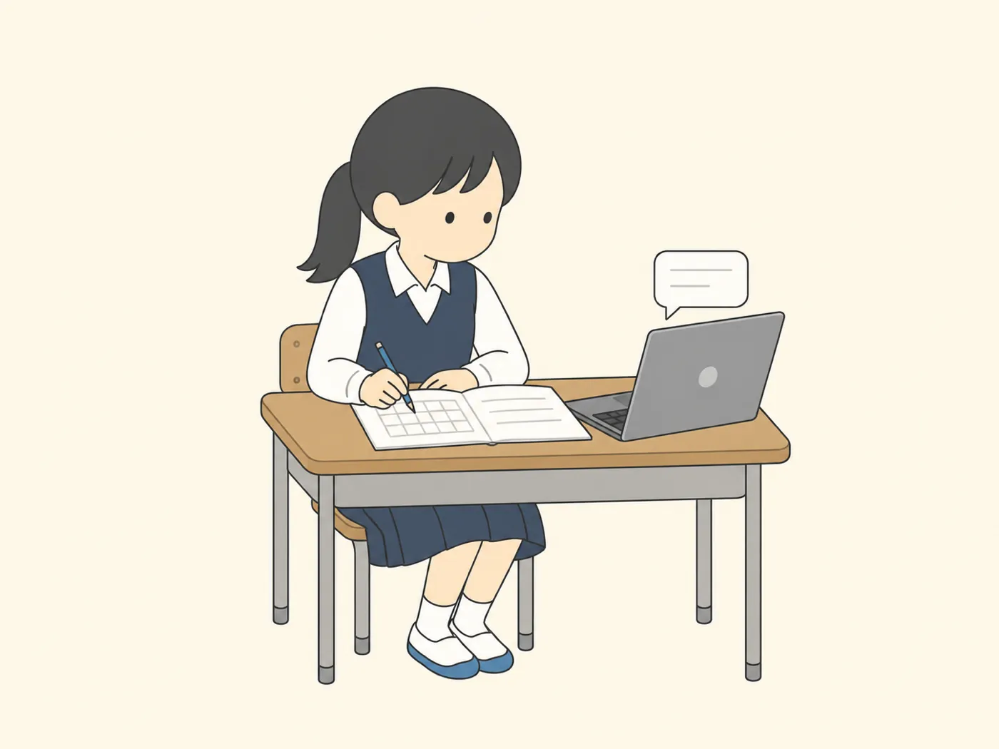 ノートパソコンの横で、ノートに記録の表を書きこむ中学生