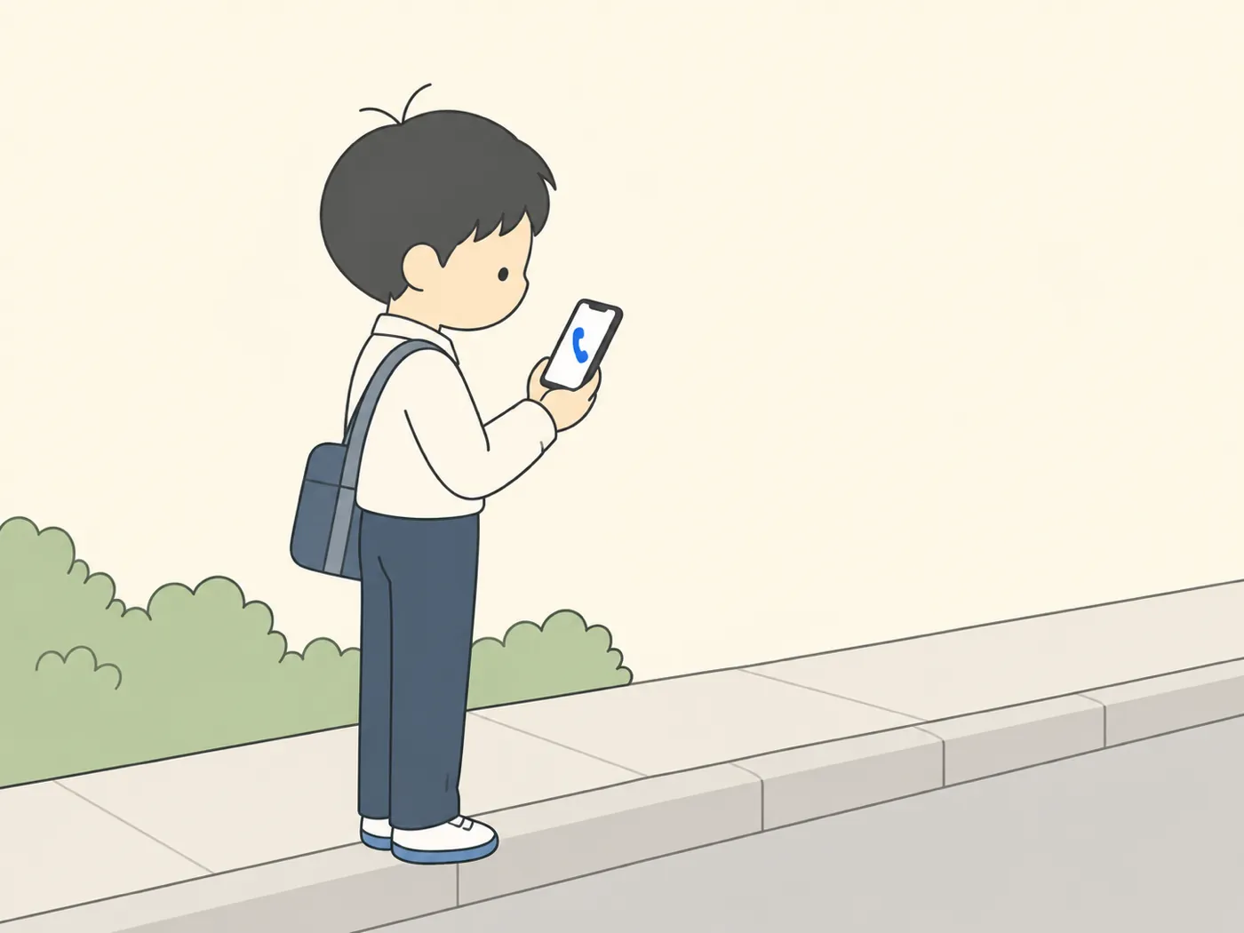 学校帰りに歩道で立ち止まり、着信中のスマートフォンを見ている中学生