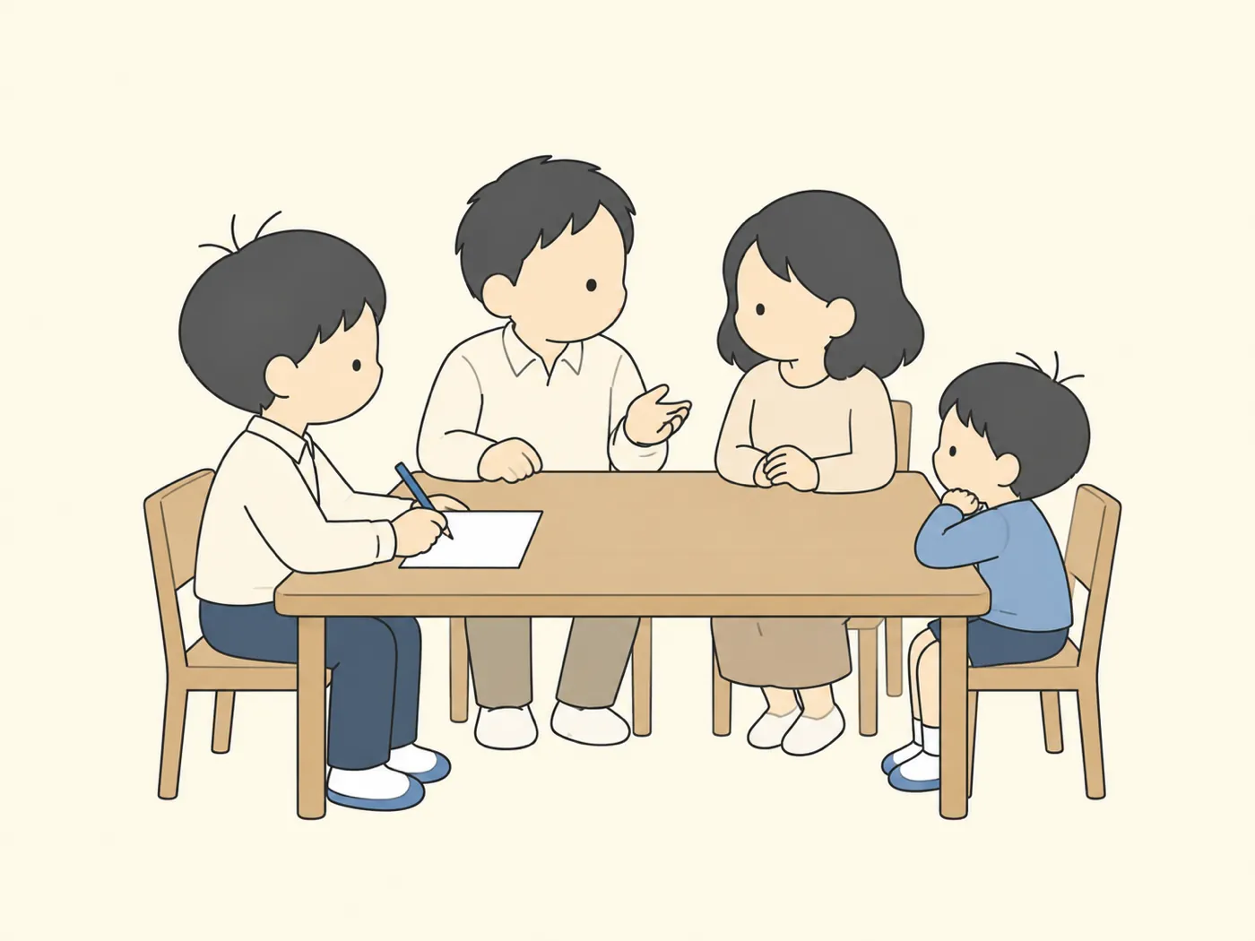 家の食卓で、中学生と両親と弟が向かい合って話し合っている