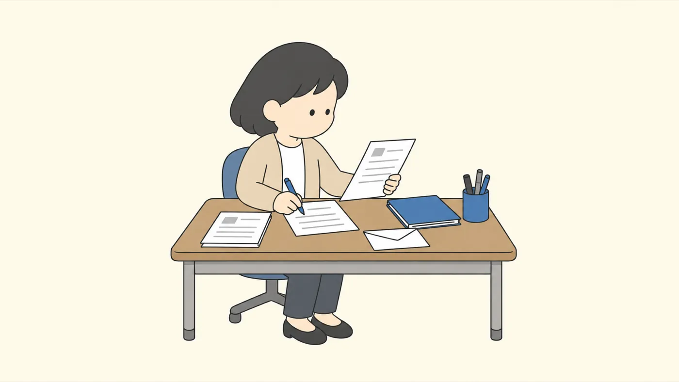 職員室の机で、先生がお便りの紙を書いて整えている。机の上に封筒と印刷物がある