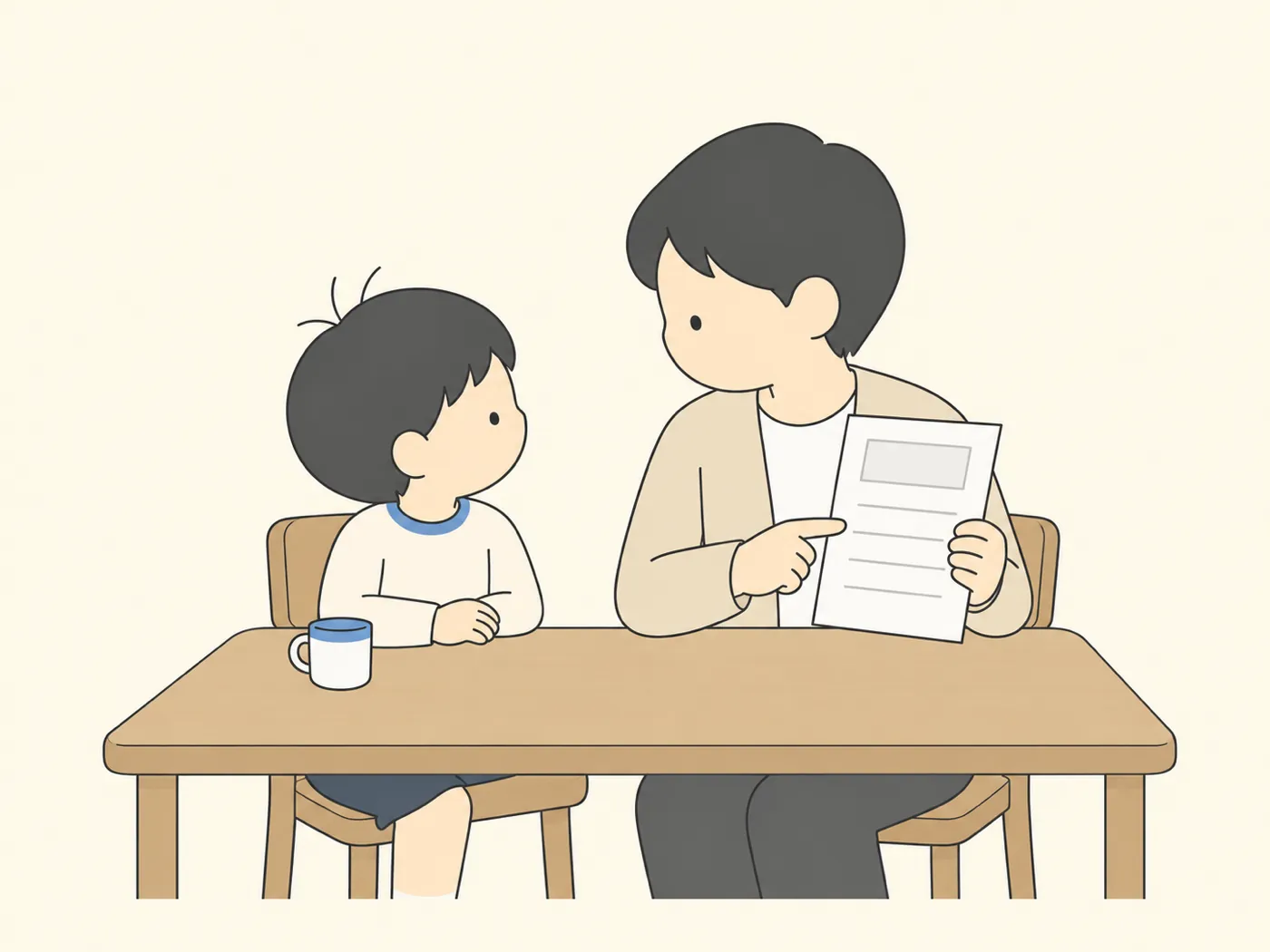 家の食卓で、保護者が学校からのお知らせを読みながら、となりの子どもと話している