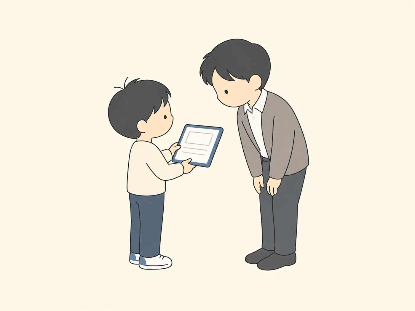 タブレットを見せながら先生に相談する子ども
