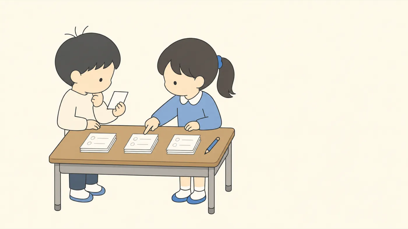 教室の机で、小さなカードを3つの山に分けて話し合う2人の子ども