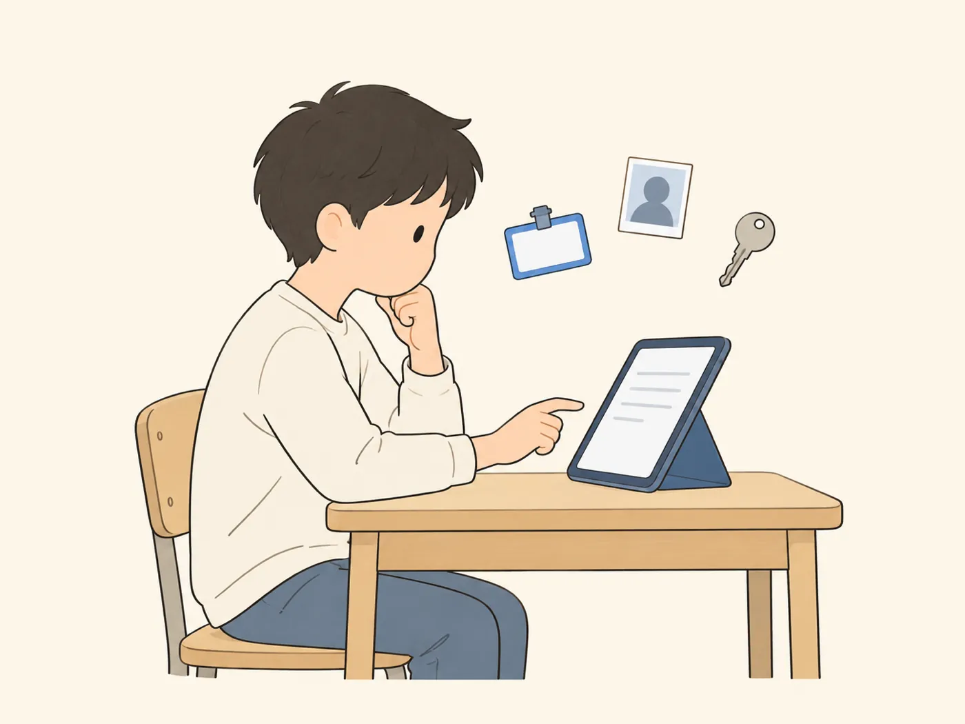 タブレットに文字を打つ前に、指を止めて考える子ども