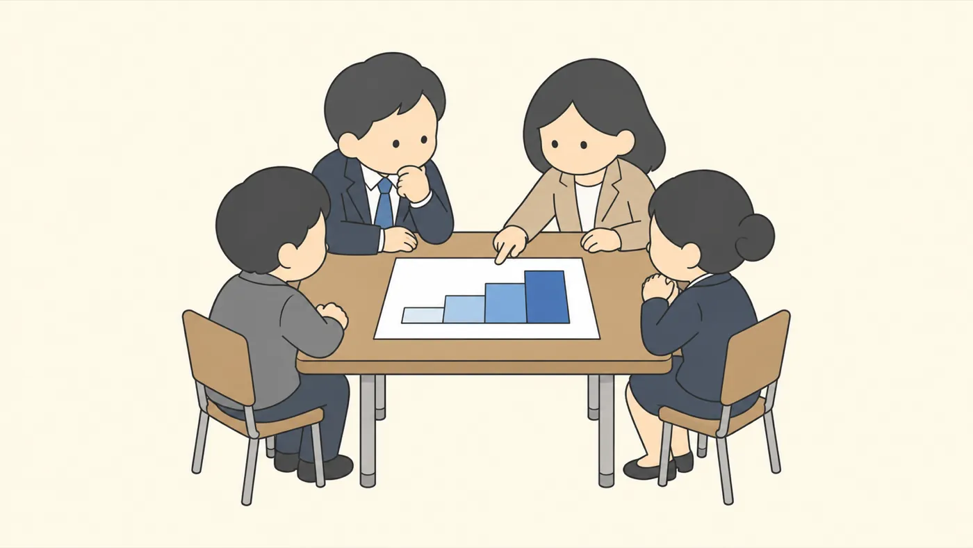 会議のテーブルで、管理職と教育委員会の担当者が4段の階段の図を見ている