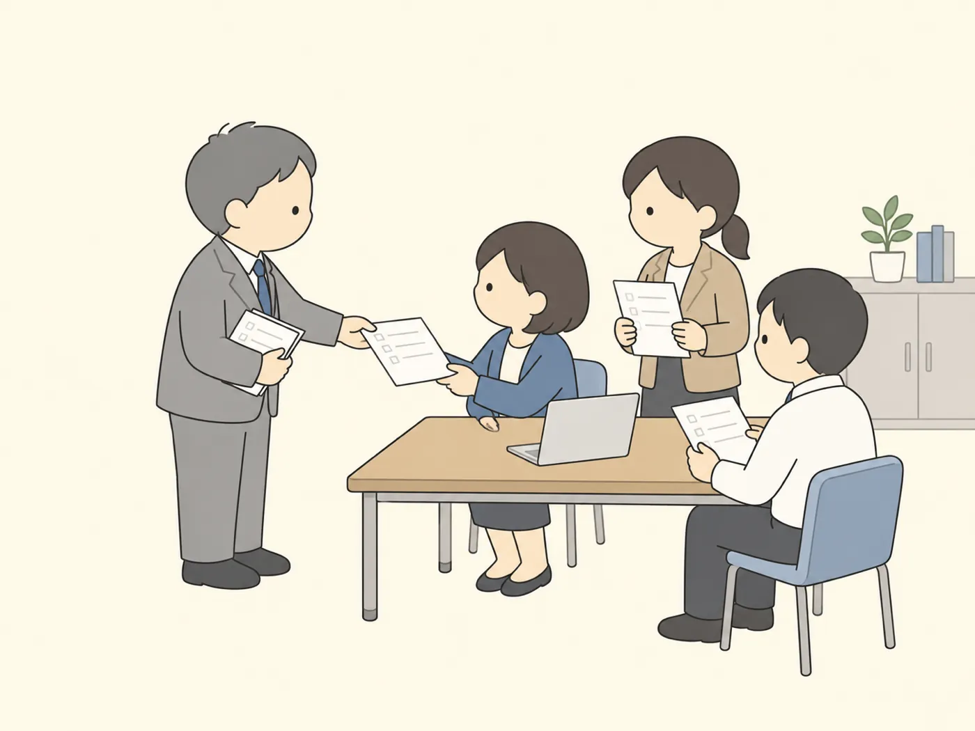 職員室で、管理職が先生たちにアンケート用紙を配っている