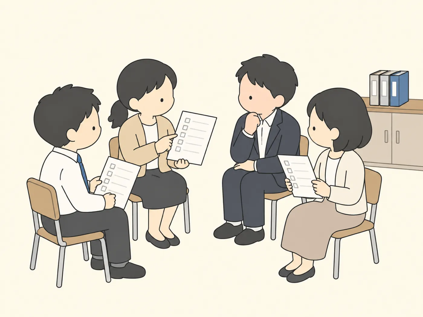 職員室で先生たちがチェック表を見ながらふりかえりをしている