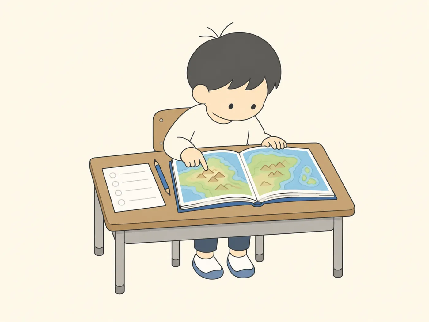 地図帳を開き、山の場所を指でたどって確かめる子ども