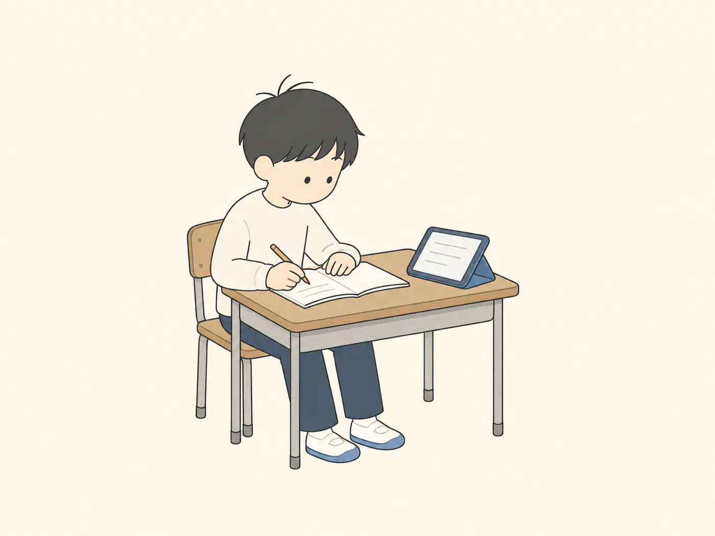 タブレットを横に置き、ノートに短いメモを書く中学生