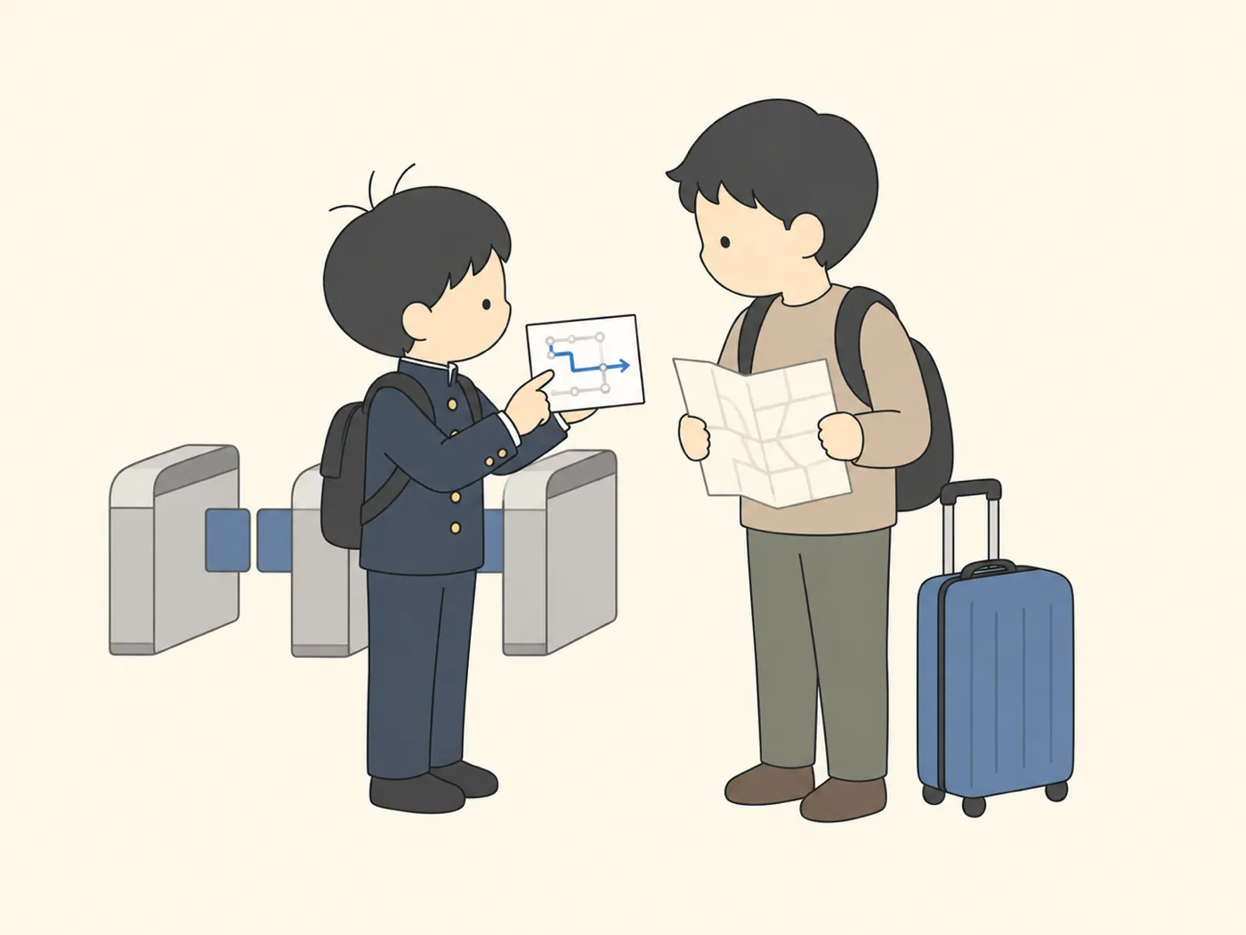 駅で地図を持つ旅行者に、手書きの案内カードを見せて道を説明する中学生
